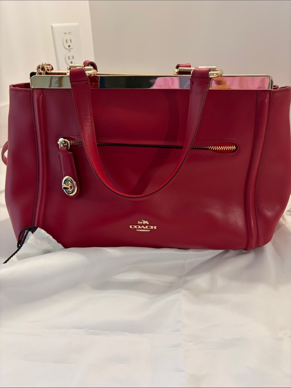 Coach Red Leather Tote with Gold-Tone Trim